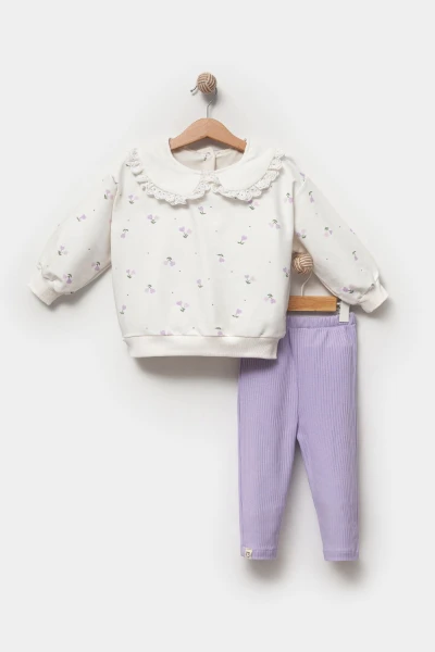 Kız Bebek Çiçek Desenli Sweatshirt Tayt 2'li Takım 9063 - LİLA