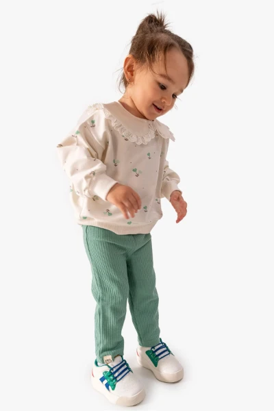 Kız Bebek Çiçek Desenli Sweatshirt Tayt 2'li Takım 9063 - YEŞİL