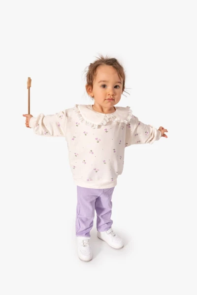 Kız Bebek Çiçek Desenli Sweatshirt Tayt 2'li Takım 9063 - LİLA