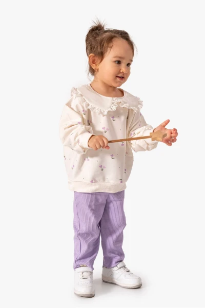 Kız Bebek Çiçek Desenli Sweatshirt Tayt 2'li Takım 9063 - LİLA