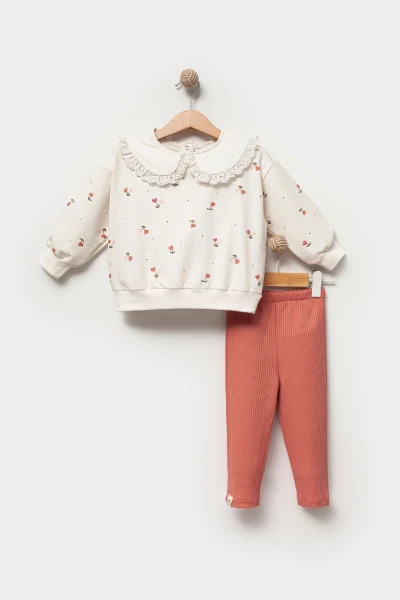 Kız Bebek Çiçek Desenli Sweatshirt Tayt 2'li Takım 9063 - GÜL KURUSU