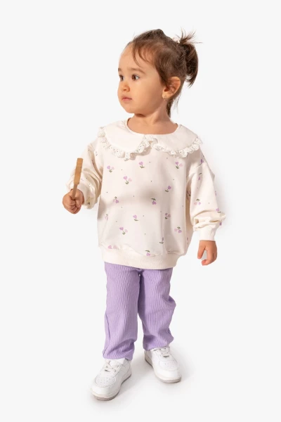 Kız Bebek Çiçek Desenli Sweatshirt Tayt 2'li Takım 9063 - LİLA