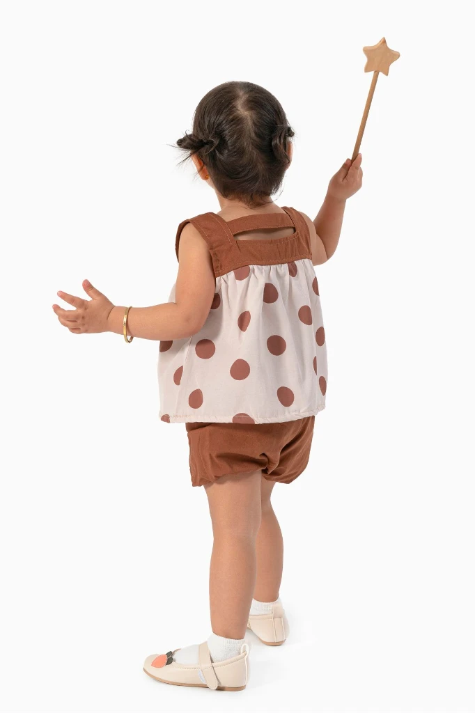 Kız Bebek Puantiyeli Bluz ve Balon Şort 2'li Takım 3608 - KAHVERENGİ