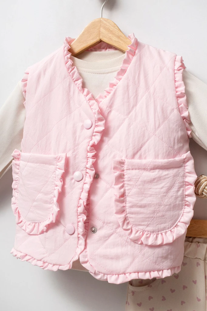 Fırfırlı Yelekli 3'lü Bebek Takımı 9076 - PEMBE