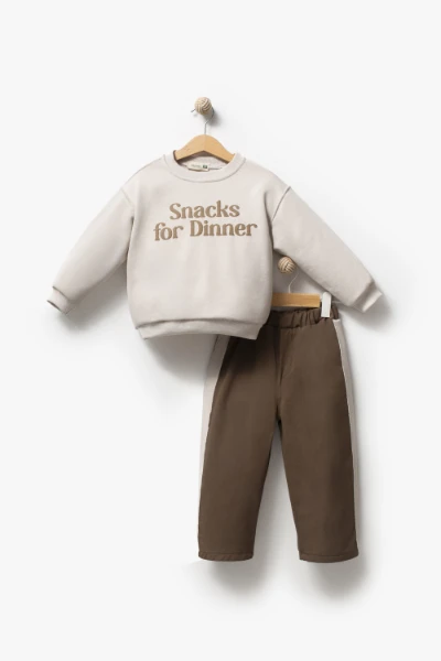 Sweatshirt ve Pantolon İkili Çocuk Kombini 9078 - KAHVERENGİ