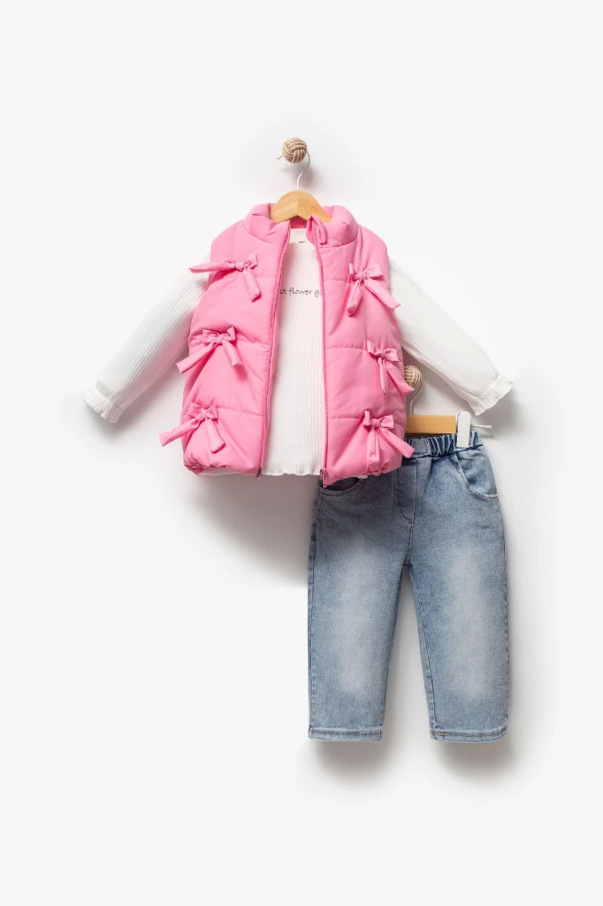 Fiyonklu Şişme Yelekli 3'lü Kız Bebek Takım 9072 - PEMBE