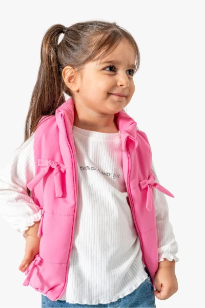 Fiyonklu Şişme Yelekli 3'lü Kız Bebek Takım 9072 - PEMBE