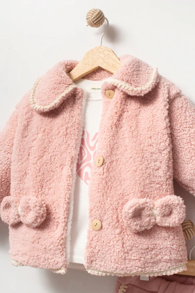 Peluş Ceketli Günlük Kız Bebek Takım 8167 - PEMBE