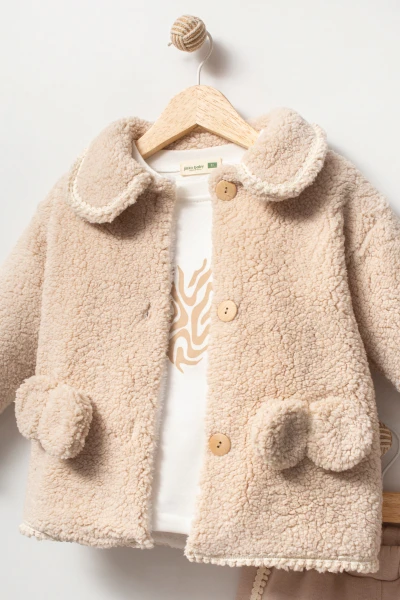 Peluş Ceketli Günlük Kız Bebek Takım 8167 - BEJ