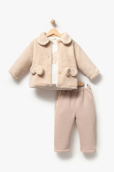 Peluş Ceketli Günlük Kız Bebek Takım 8167 - BEJ