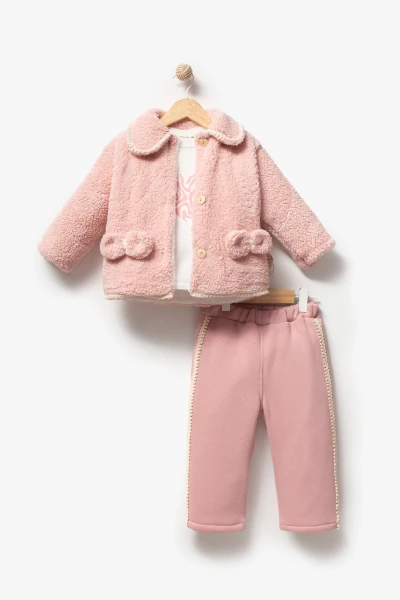 Peluş Ceketli Günlük Kız Bebek Takım 8167 - PEMBE