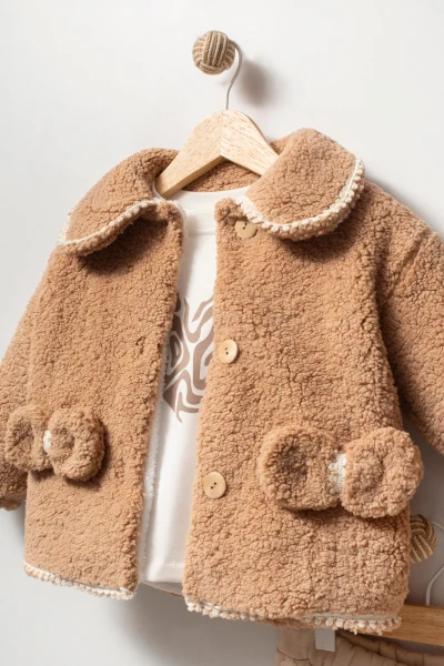 Peluş Ceketli Günlük Kız Bebek Takım 8167 - KAHVERENGİ