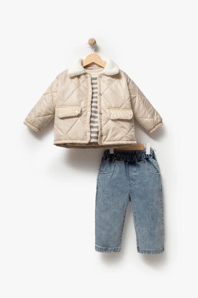 Çizgili Sweatshirt ve Kapitone Montlu 3’lü Bebek Takımı 8171 - GRİ