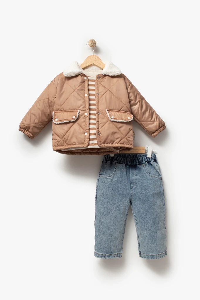 Çizgili Sweatshirt ve Kapitone Montlu 3’lü Bebek Takımı 8171 - KAHVERENGİ