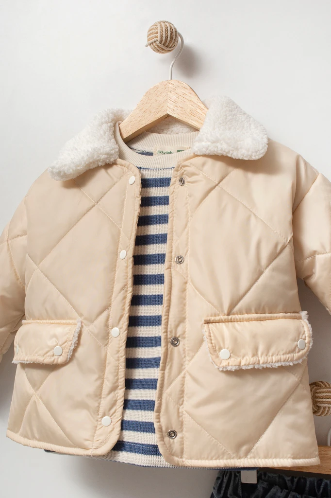 Çizgili Sweatshirt ve Kapitone Montlu 3’lü Bebek Takımı 8171 - BEJ