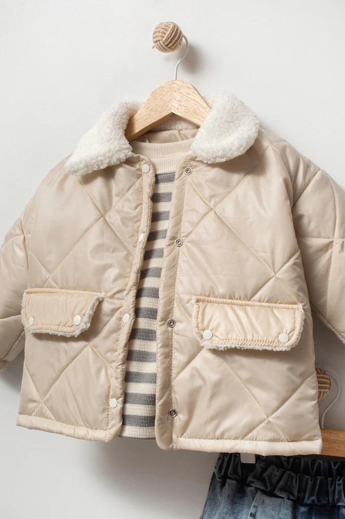 Çizgili Sweatshirt ve Kapitone Montlu 3’lü Bebek Takımı 8171 - GRİ