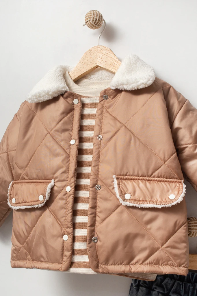 Çizgili Sweatshirt ve Kapitone Montlu 3’lü Bebek Takımı 8171 - KAHVERENGİ