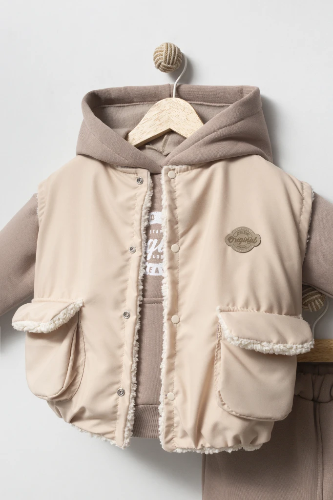 Kapüşonlu Yelekli 3’lü Unisex Bebek Takım 8173 - BEJ