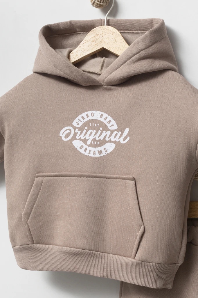 Kapüşonlu Yelekli 3’lü Unisex Bebek Takım 8173 - BEJ
