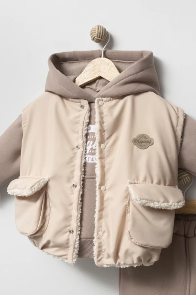Kapüşonlu Yelekli 3’lü Unisex Bebek Takım 8173 - BEJ