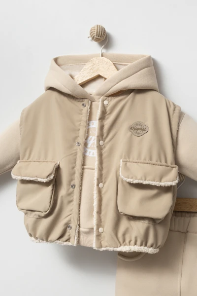 Kapüşonlu Yelekli 3’lü Unisex Bebek Takım 8173 - VİZON