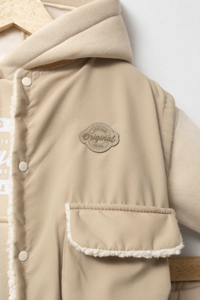 Kapüşonlu Yelekli 3’lü Unisex Bebek Takım 8173 - VİZON