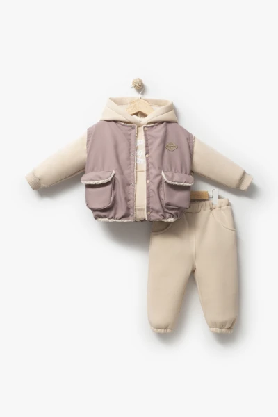 Kapüşonlu Yelekli 3’lü Unisex Bebek Takım 8173 - GÜL KURUSU