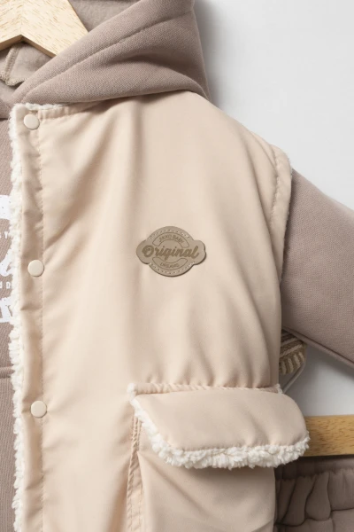 Kapüşonlu Yelekli 3’lü Unisex Bebek Takım 8173 - BEJ