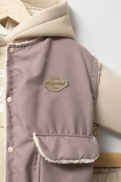 Kapüşonlu Yelekli 3’lü Unisex Bebek Takım 8173 - GÜL KURUSU