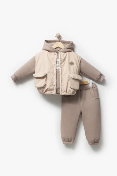 Kapüşonlu Yelekli 3’lü Unisex Bebek Takım 8173 - BEJ
