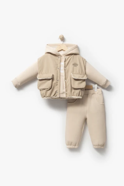 Kapüşonlu Yelekli 3’lü Unisex Bebek Takım 8173 - VİZON