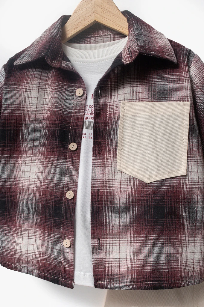 Ekose Gömlekli & Cep Detaylı Erkek Çocuk 3'lü Mevsimlik Takım 9091 - BORDO