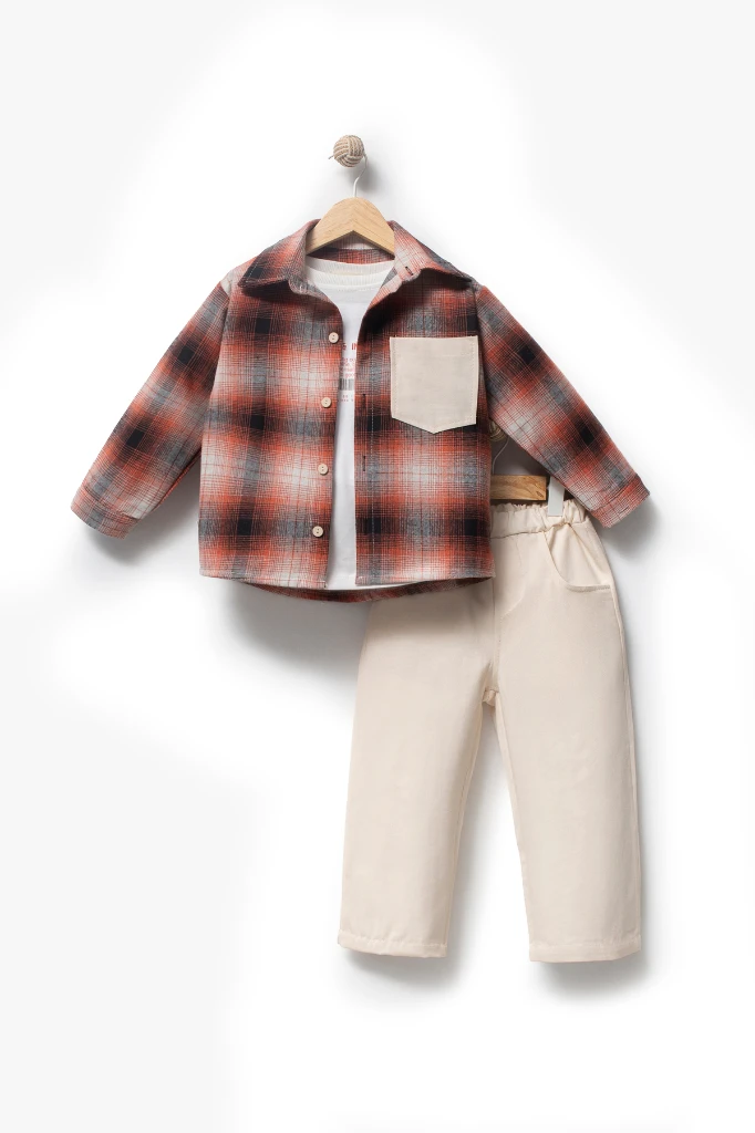 Ekose Gömlekli & Cep Detaylı Erkek Çocuk 3'lü Mevsimlik Takım 9091 - TURUNCU