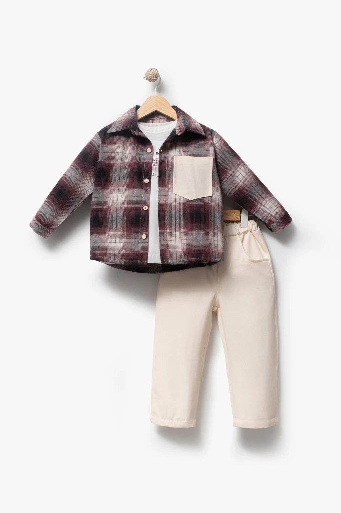 Ekose Gömlekli & Cep Detaylı Erkek Çocuk 3'lü Mevsimlik Takım 9091 - BORDO