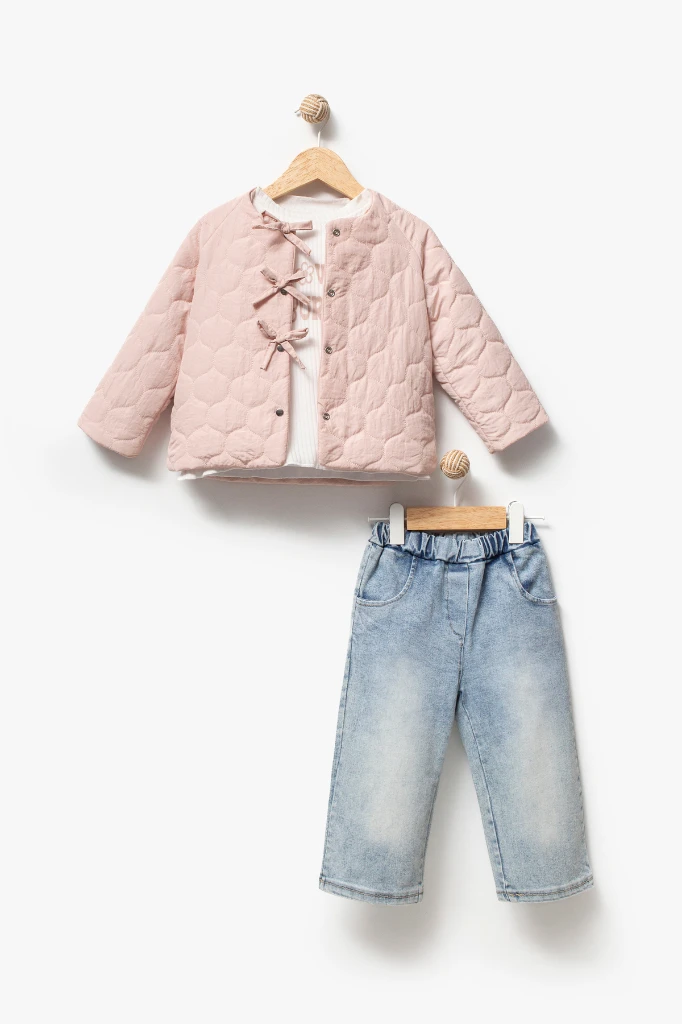 Fiyonk Detaylı Kapitone Montlu 3'lü Kız Çocuk Takımı 9088 - PEMBE