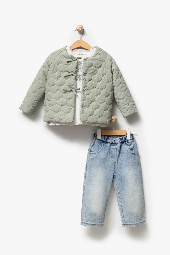 Fiyonk Detaylı Kapitone Montlu 3'lü Kız Çocuk Takımı 9088 - YEŞİL