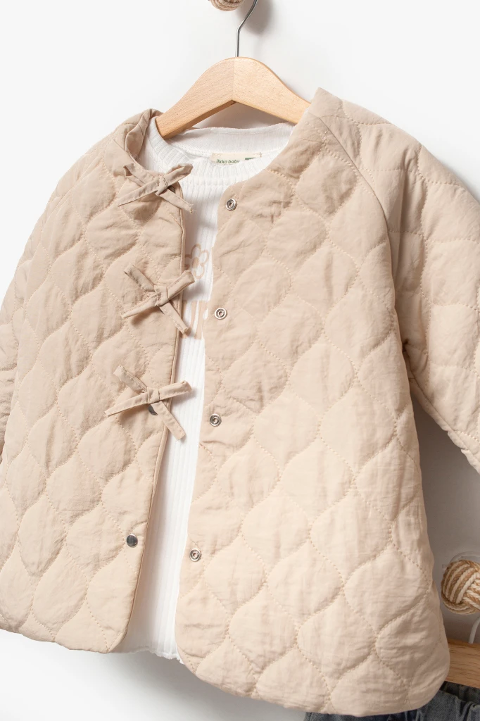 Fiyonk Detaylı Kapitone Montlu 3'lü Kız Çocuk Takımı 9088 - BEJ