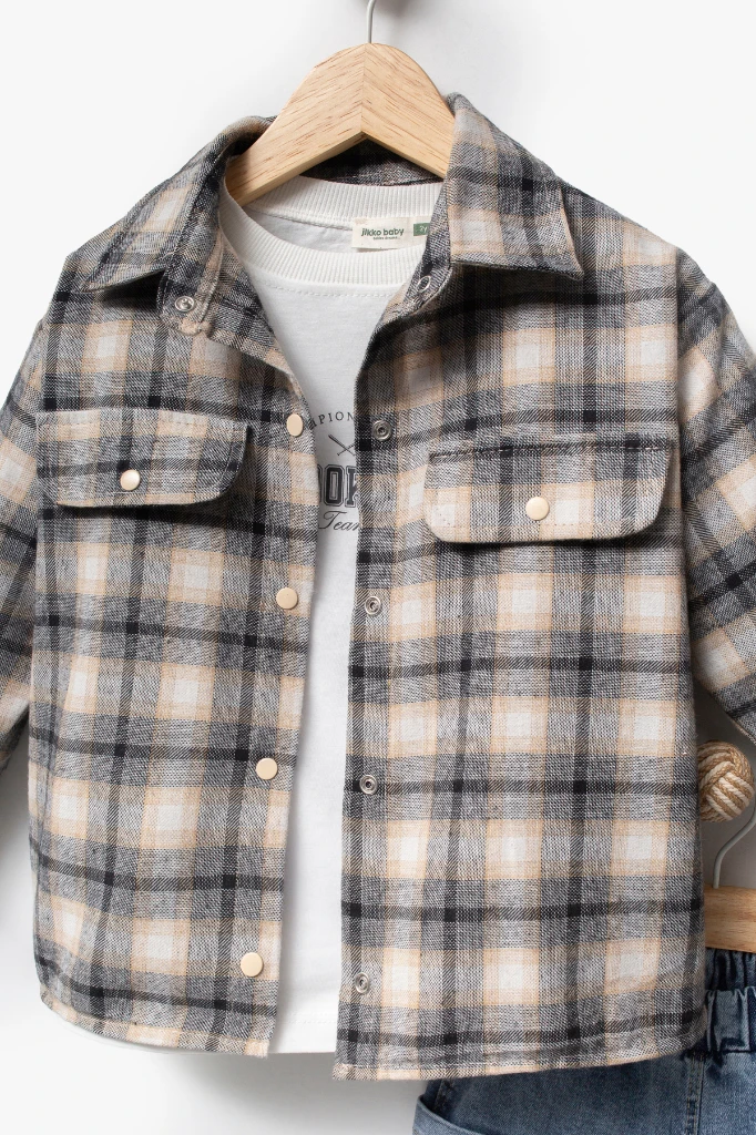 Sırt Baskılı Cep Detaylı 3'lü Erkek Çocuk Takımı 9090 - BEJ