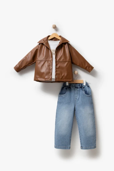 Deri Ceketli Bayramlık & Hediyelik 3'lü Erkek Çocuk Takımı 9089 - KAHVERENGİ