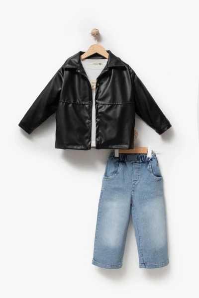Deri Ceketli Bayramlık & Hediyelik 3'lü Erkek Çocuk Takımı 9089 - SİYAH