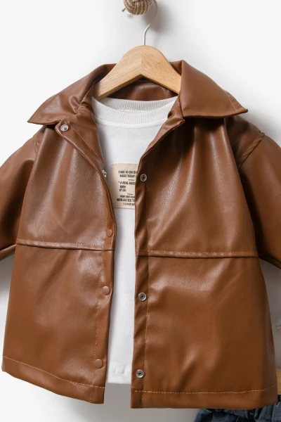 Deri Ceketli Bayramlık & Hediyelik 3'lü Erkek Çocuk Takımı 9089 - KAHVERENGİ