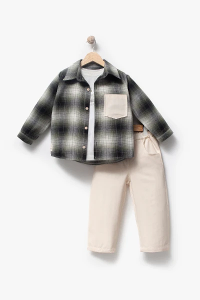 Ekose Gömlekli & Cep Detaylı Erkek Çocuk 3'lü Mevsimlik Takım 9091 - HAKİ