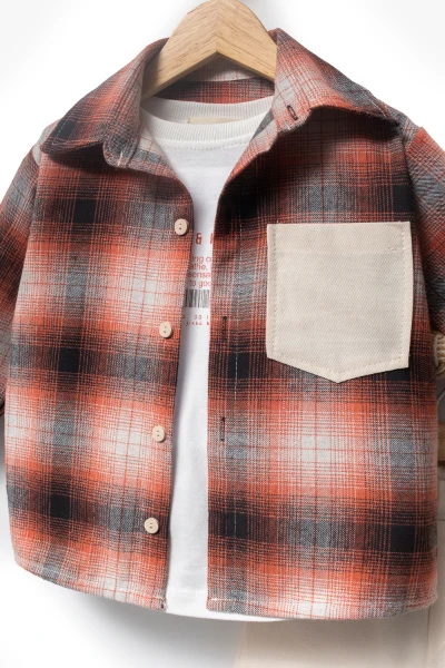 Ekose Gömlekli & Cep Detaylı Erkek Çocuk 3'lü Mevsimlik Takım 9091 - TURUNCU