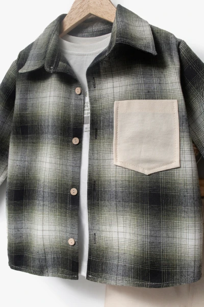 Ekose Gömlekli & Cep Detaylı Erkek Çocuk 3'lü Mevsimlik Takım 9091 - HAKİ