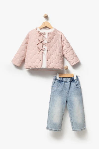 Fiyonk Detaylı Kapitone Montlu 3'lü Kız Çocuk Takımı 9088 - PEMBE