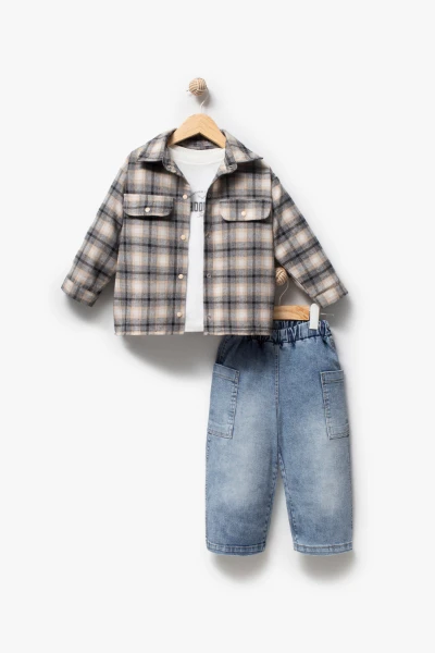 Sırt Baskılı Cep Detaylı 3'lü Erkek Çocuk Takımı 9090 - BEJ