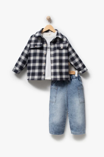 Sırt Baskılı Cep Detaylı 3'lü Erkek Çocuk Takımı 9090 - LACİVERT