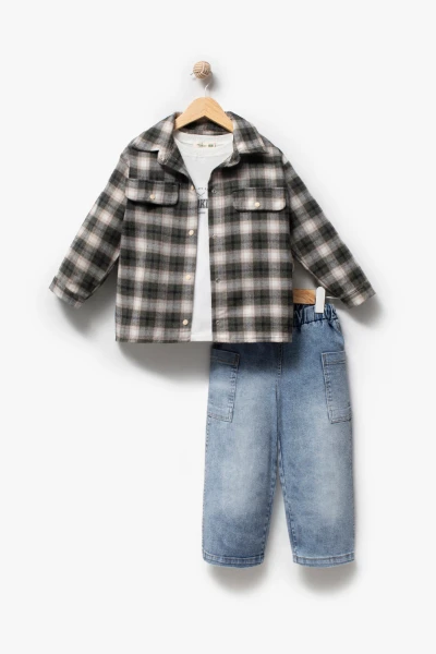 Sırt Baskılı Cep Detaylı 3'lü Erkek Çocuk Takımı 9090 - HAKİ