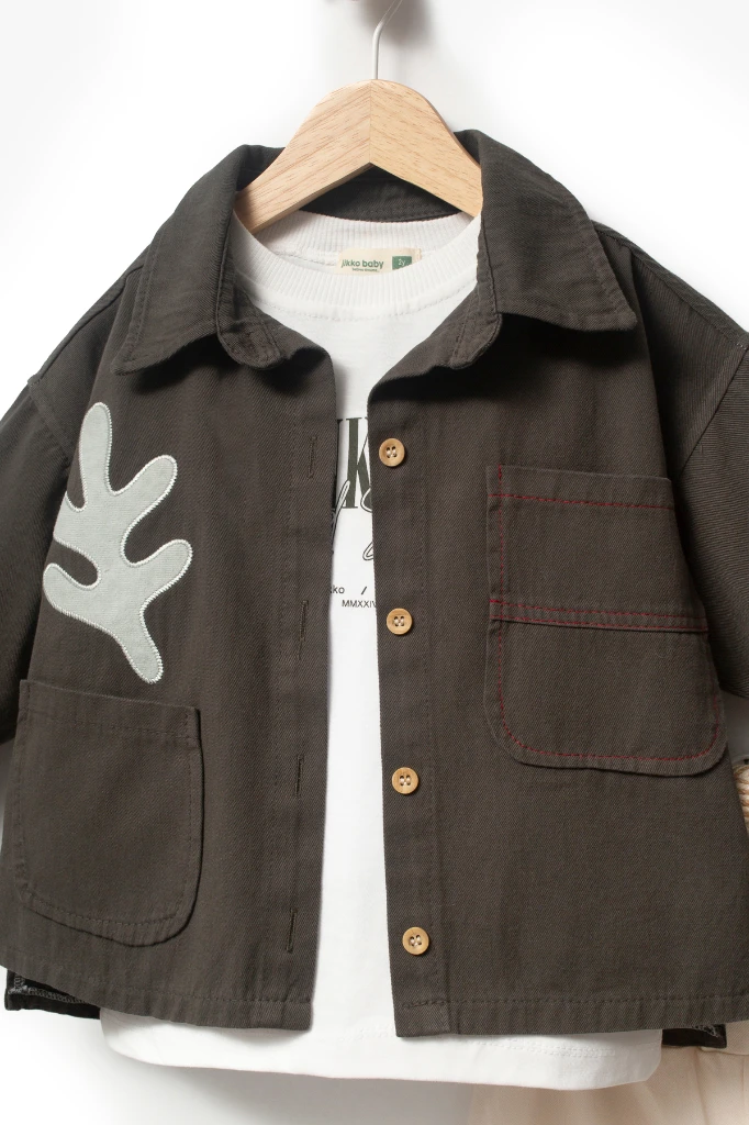 Bayramlık Nakış Detaylı Ceketli 3'lü Erkek Çocuk Takımı 9095 - HAKİ