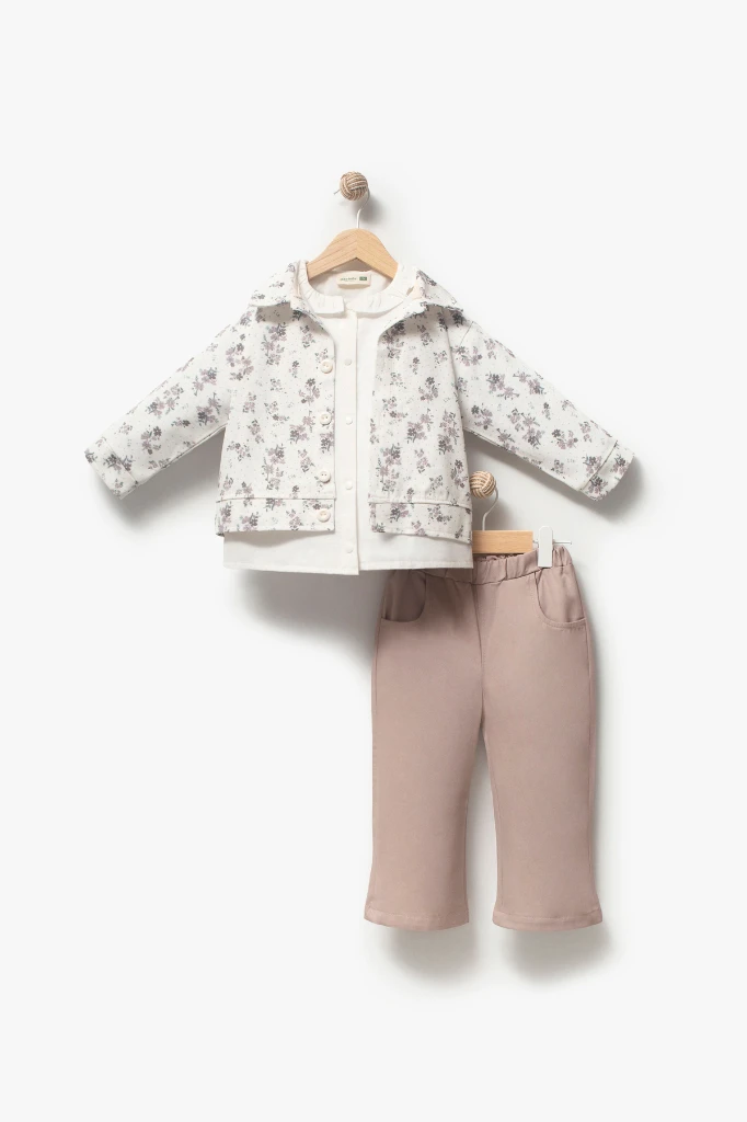 Çiçekli Vintage Tarz & Gömlek Yaka Bayramlık Kız Çocuk Takımı 9094 - VİZON